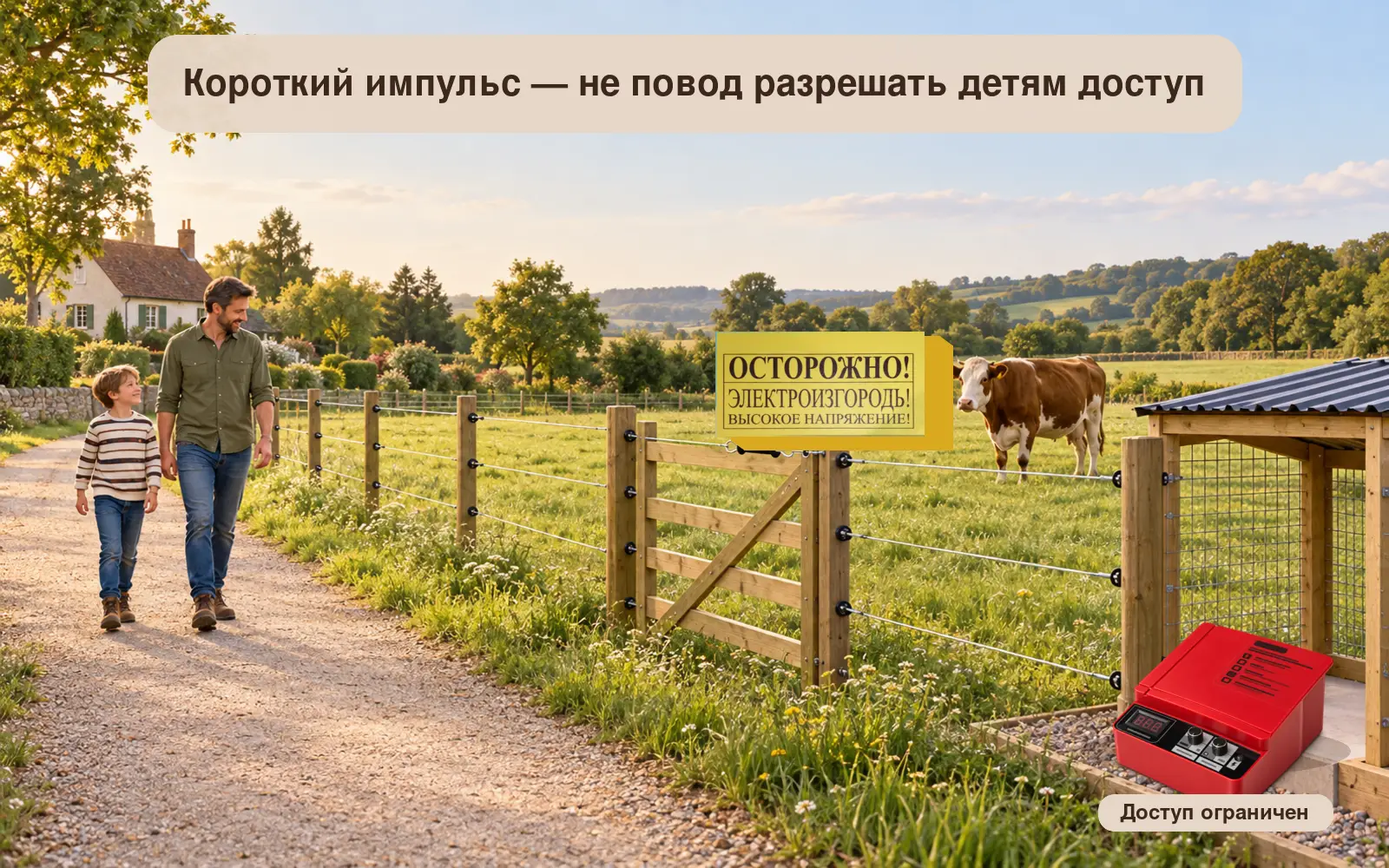 Электроизгородь на семейном участке отделена от детской зоны, у калитки установлена предупреждающая табличка