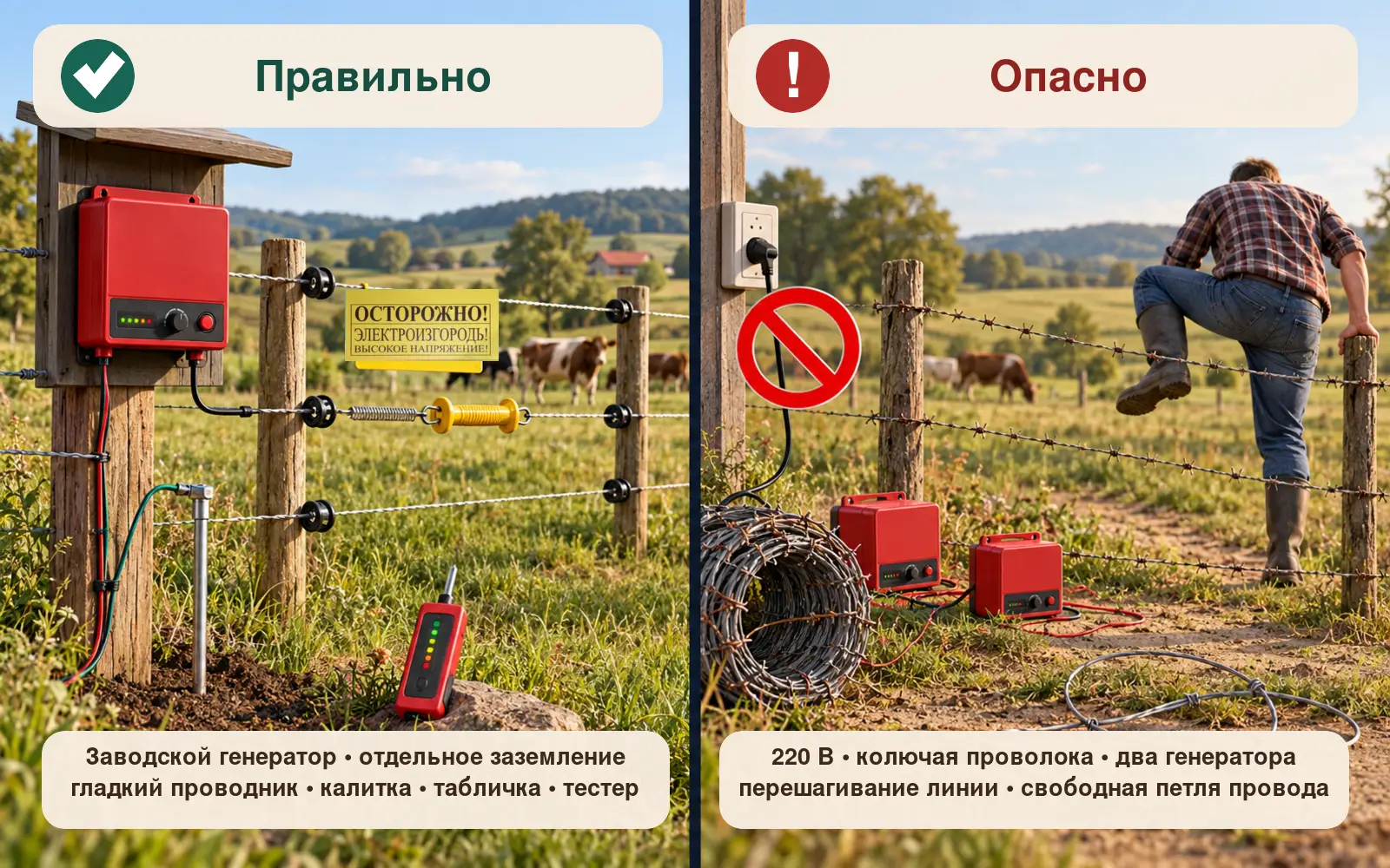 Сравнение безопасной электроизгороди с заводским генератором и опасных решений: сети 220 В, колючей проволоки и двух генераторов